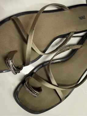 Zara Olive Satin Strappy Sandals with Crystal Toe Ring